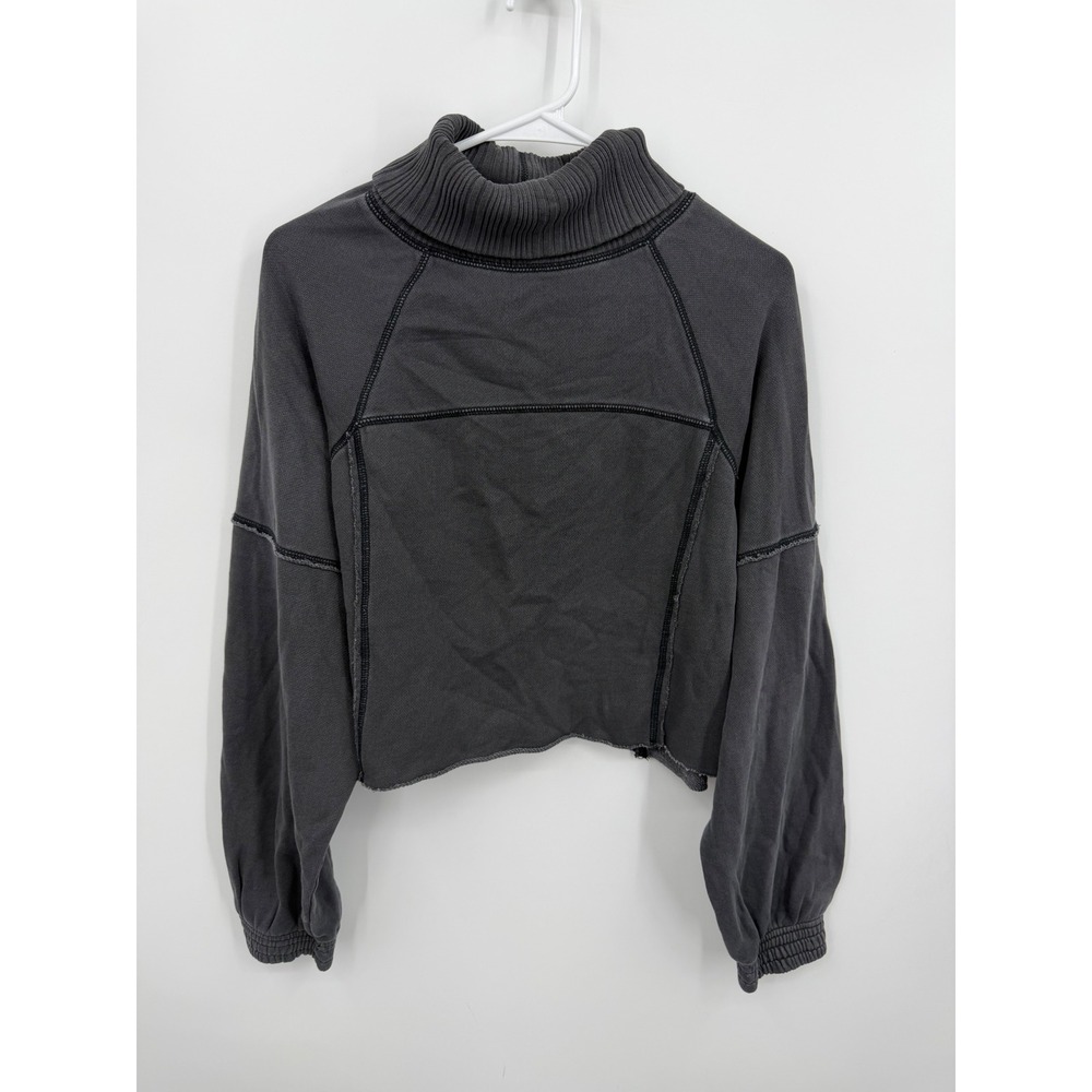 Aerie Turtleneck Cropped Sweatshirt Womens XS Charcoal Grey Raw Hem Exposed Seam